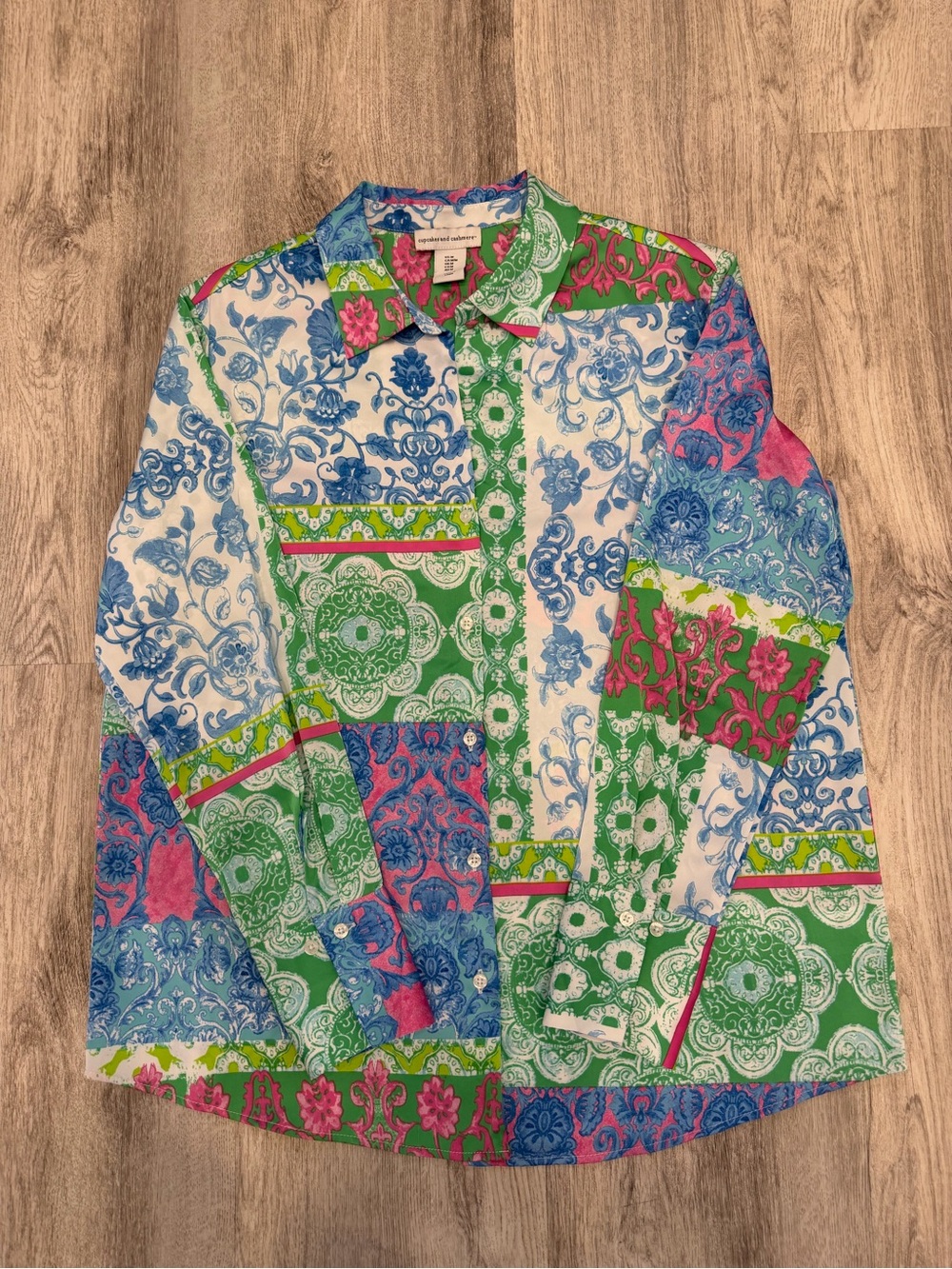 Cupcakes and Cashmere Medium Multicolor Satin Feel Patchwork Button Up Shirt